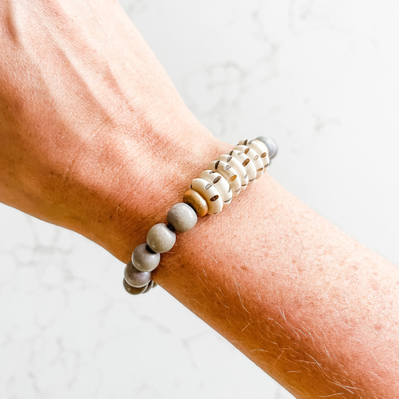 Grey + Carved Mala Bone
