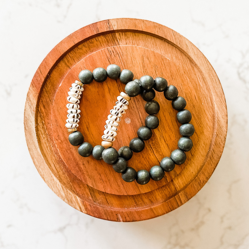 Olive Green + Carved Mala Bone