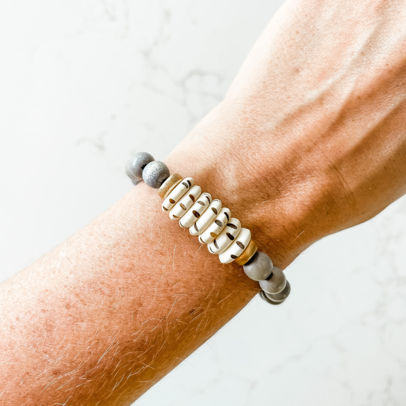 Grey + Carved Mala Bone